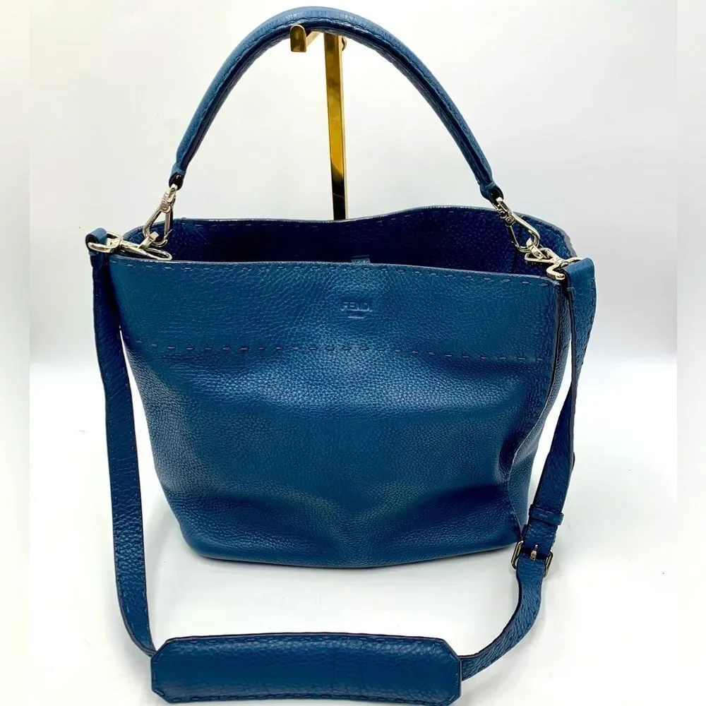 Auth Fendi Cuoio Romano Blue Selleria cLeather 2way Anna Bucket Bag Hobo Shopper - Picture 10 of 16